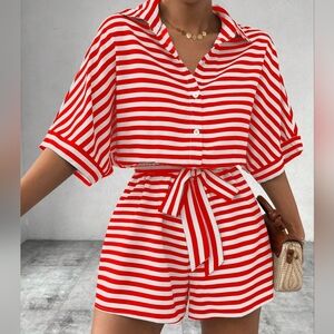Red and White Striped Button-Up Romper